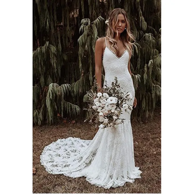 Women's Simple Slim Fit Backless Fishtail Strap Wedding Dress Ivory White - Shop at LoveMi