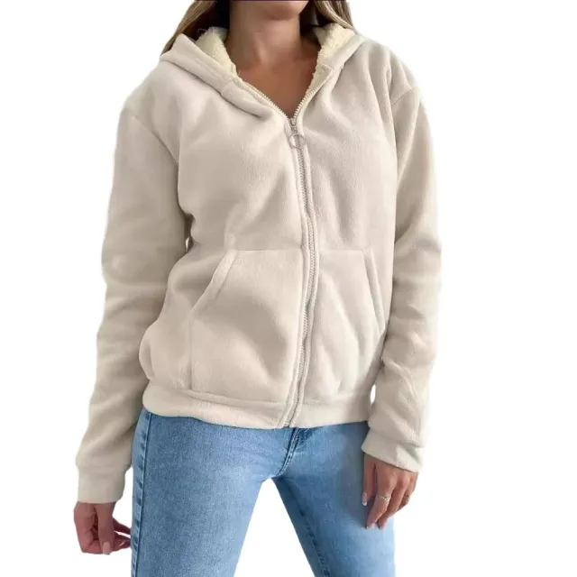 Zipper Kangaroo Pocket Warm Hooded Cardigan Sweater Beige - Shop at LoveMi