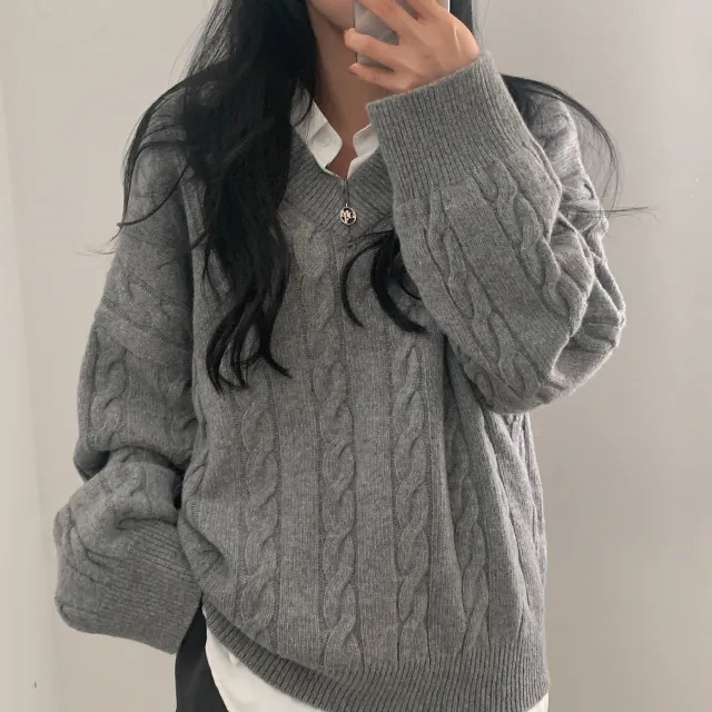 Loose Pullover Twist Sunken Stripe Design Blouse Gray - Shop at LoveMi