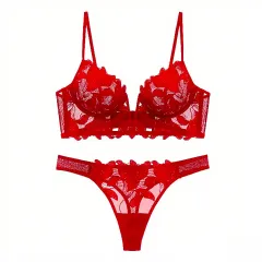European And American Underwear Gathered Deep V Three-dimensional Embroidery Mesh - Red - View 1