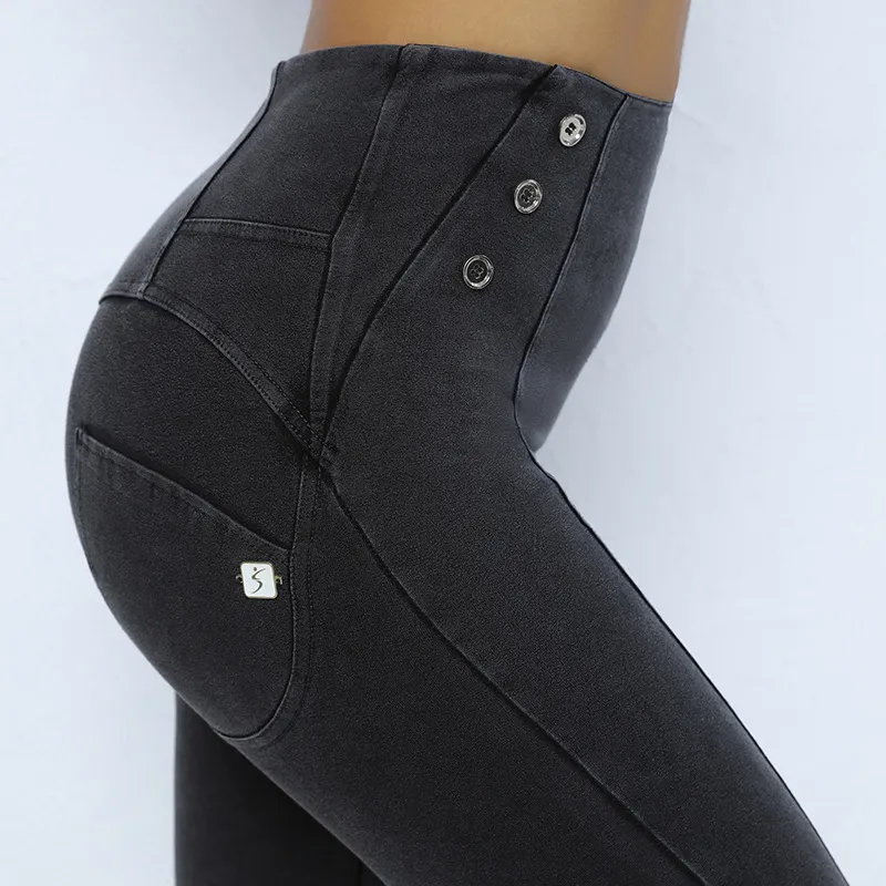 Skinny Yoga Pants Side Button Hip Lifting Women's Fitness Pants - Smoky Gray