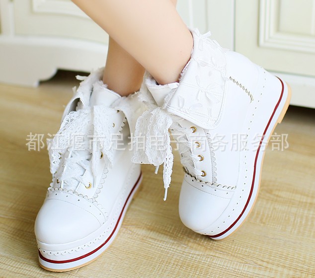 Foot Curb Lace Lace-up Color Block Wedge Platform Ankle Boots