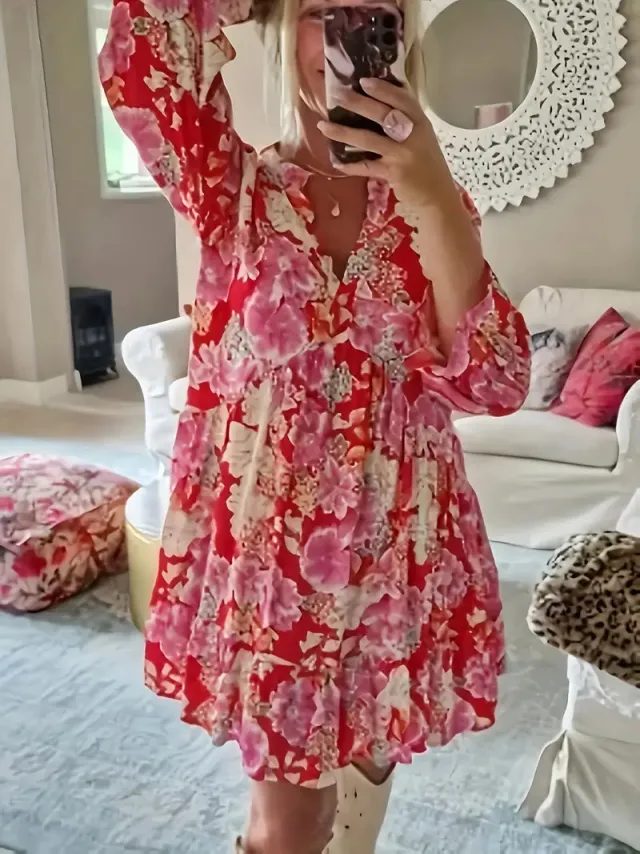 European And American Fashion Floral Print Long Sleeve Dress Color - Shop at LoveMi