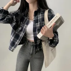 Short Long Sleeve Plaid Shirt Fashion Baggy Coat - Navy - View 1