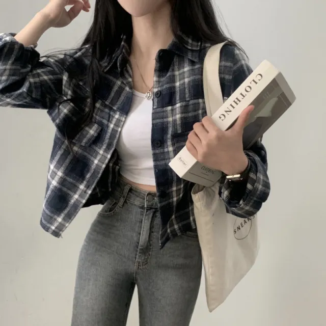 Short Long Sleeve Plaid Shirt Fashion Baggy Coat Navy Blue - Shop at LoveMi