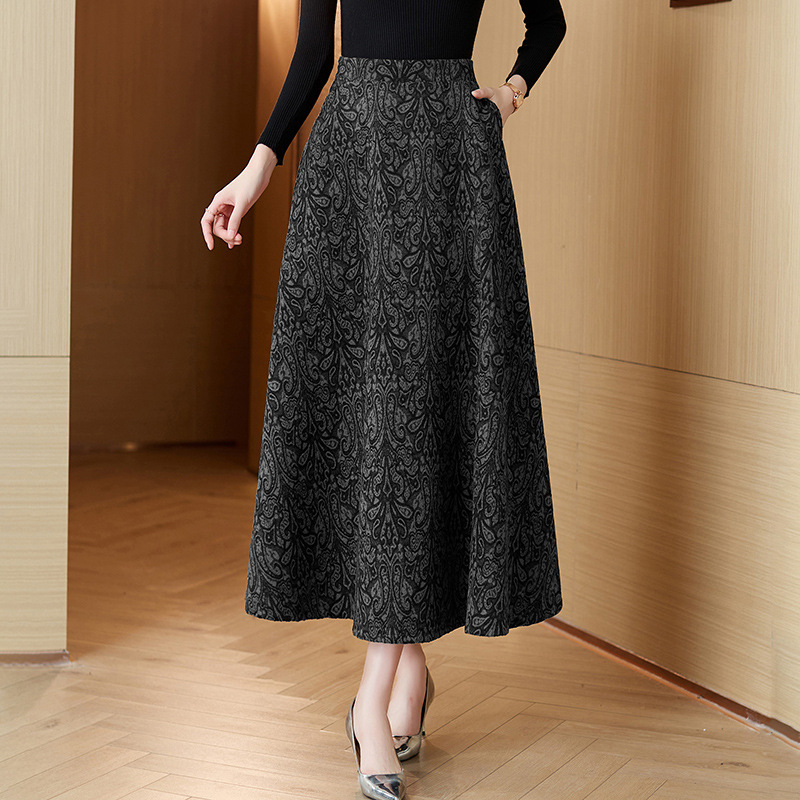 Woolen Jacquard High Waist Swing Dress Thickened Midi Skirt Umbrella Skirt Gray Grey - Shop at LoveMi