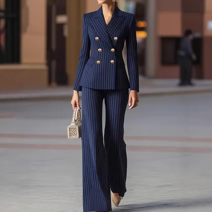 Womens Fashionable Minimalist-Line Double-Breasted Blazer Suit - Blue