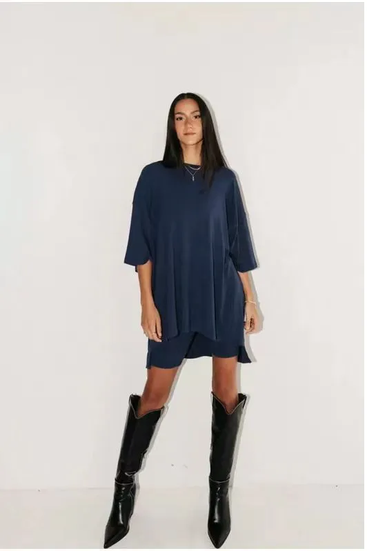 Women's Clothing Fashion Solid Color Loose T shirt Tight Shorts Women Dark Blue - Shop at LoveMi