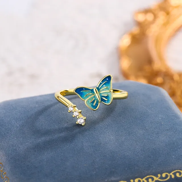 National Style New Butterfly Ring Niche Epoxy Blue Gold J02733 - Shop at LoveMi