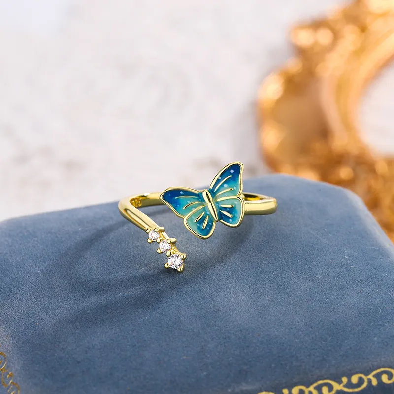 National Style New Butterfly Ring Niche Epoxy Blue - Gold J02733