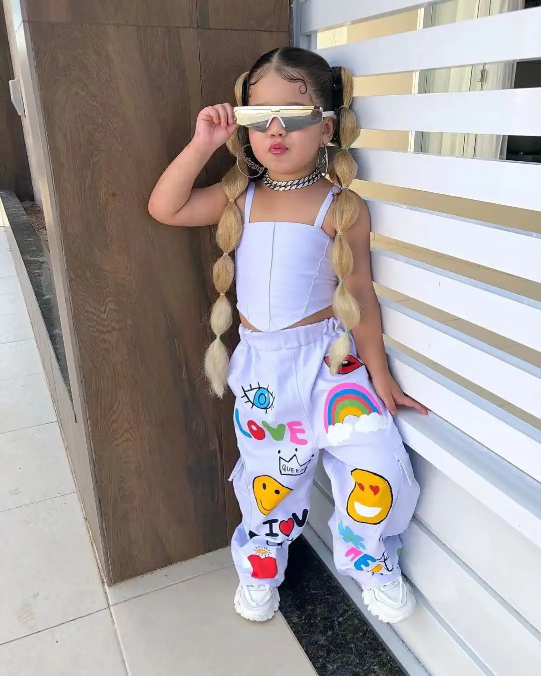 New Girls' Fashion Casual Bandeau Sling Cartoon Printed Pants Two-piece Set