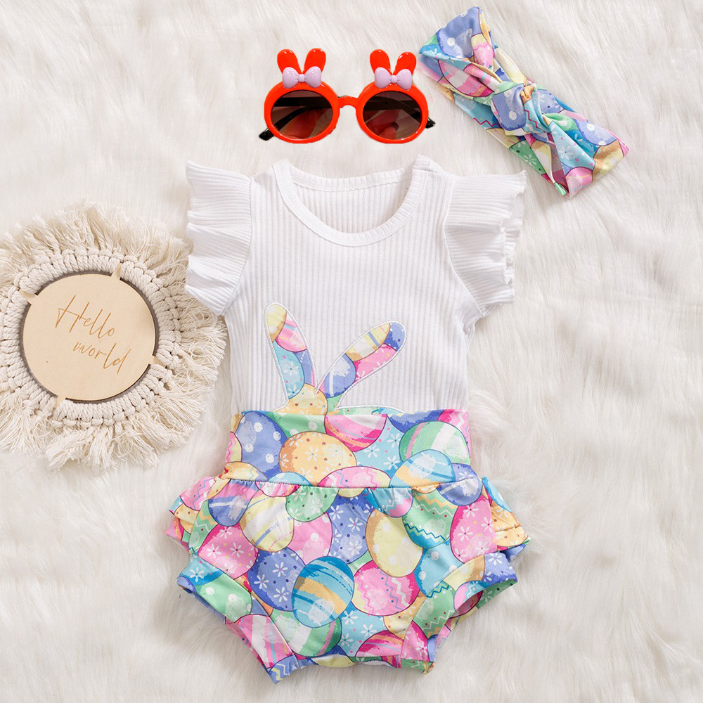 Girls' Flutter-Sleeve Romper With Colorful Rabbit And Easter Egg Pants