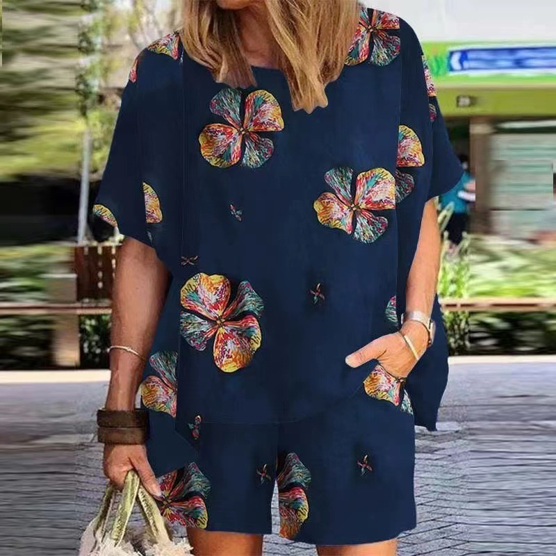 Cotton And Linen Plus Size Women's Clothing Printed Women's Retro Set