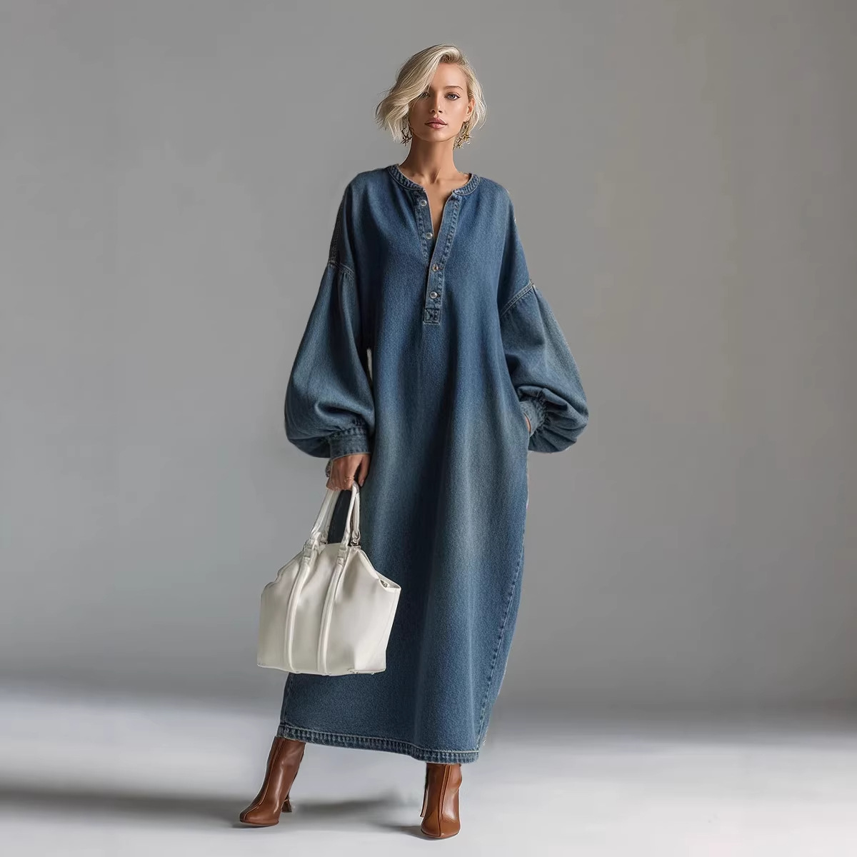 Stand-up Collar Mid-length Denim Skirt For Women Spring Season