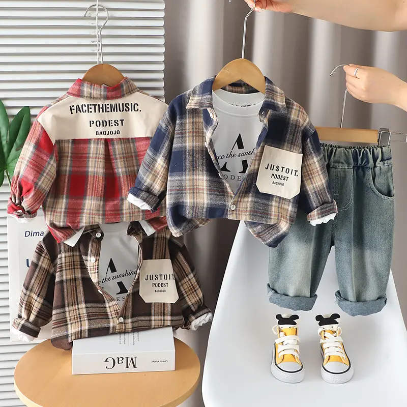 Children's Plaid Shirt With Pockets 3-Piece Trendy