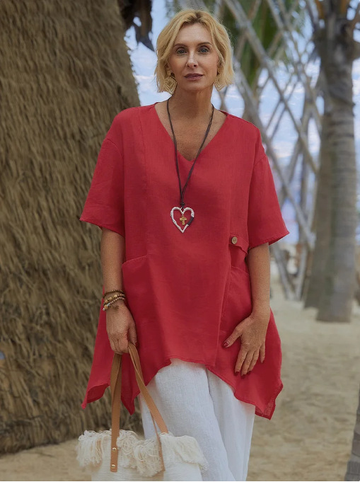 Women's Solid Color Cotton And Linen Shirt Red - Shop at LoveMi