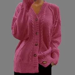 V-neck Knitted Cardigan Breasted Cable-knit Sweater Coat - Carmine-M - View 1