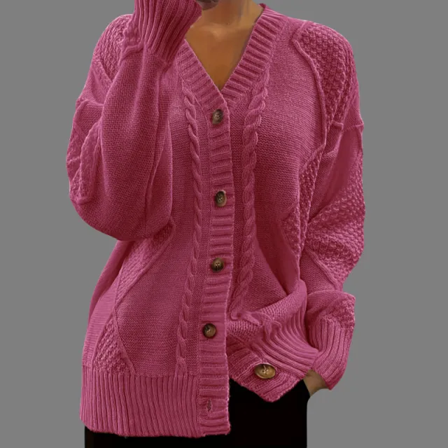 V neck Knitted Cardigan Breasted Cable knit Sweater Coat Carmine M - Shop at LoveMi