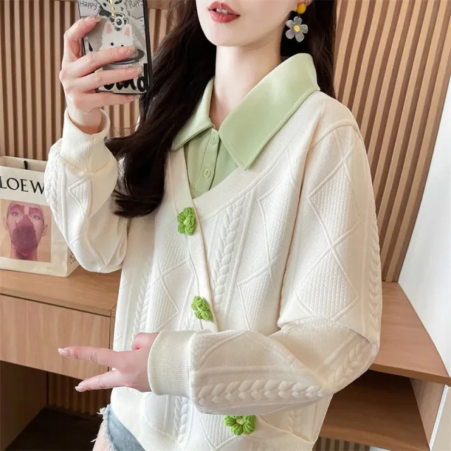 Plus Size Fake Two Pieces Sweater Women's Design Sense Apricot - Shop at LoveMi