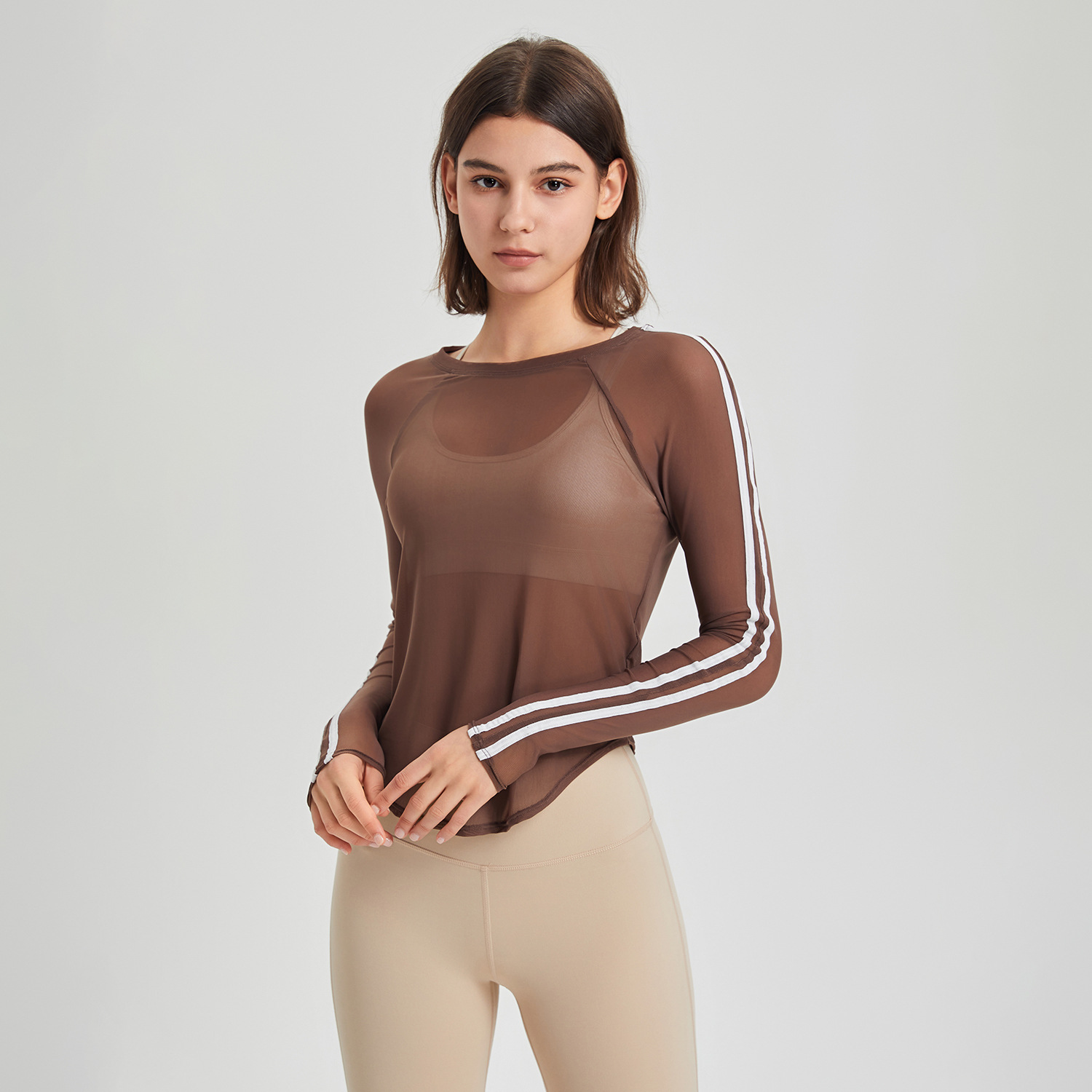 Sports T shirt Mesh Quick drying Long Sleeve Slim Fit Breathable Running Fitness Top Yoga Clothes Blouse Chocolate L - Shop at LoveMi