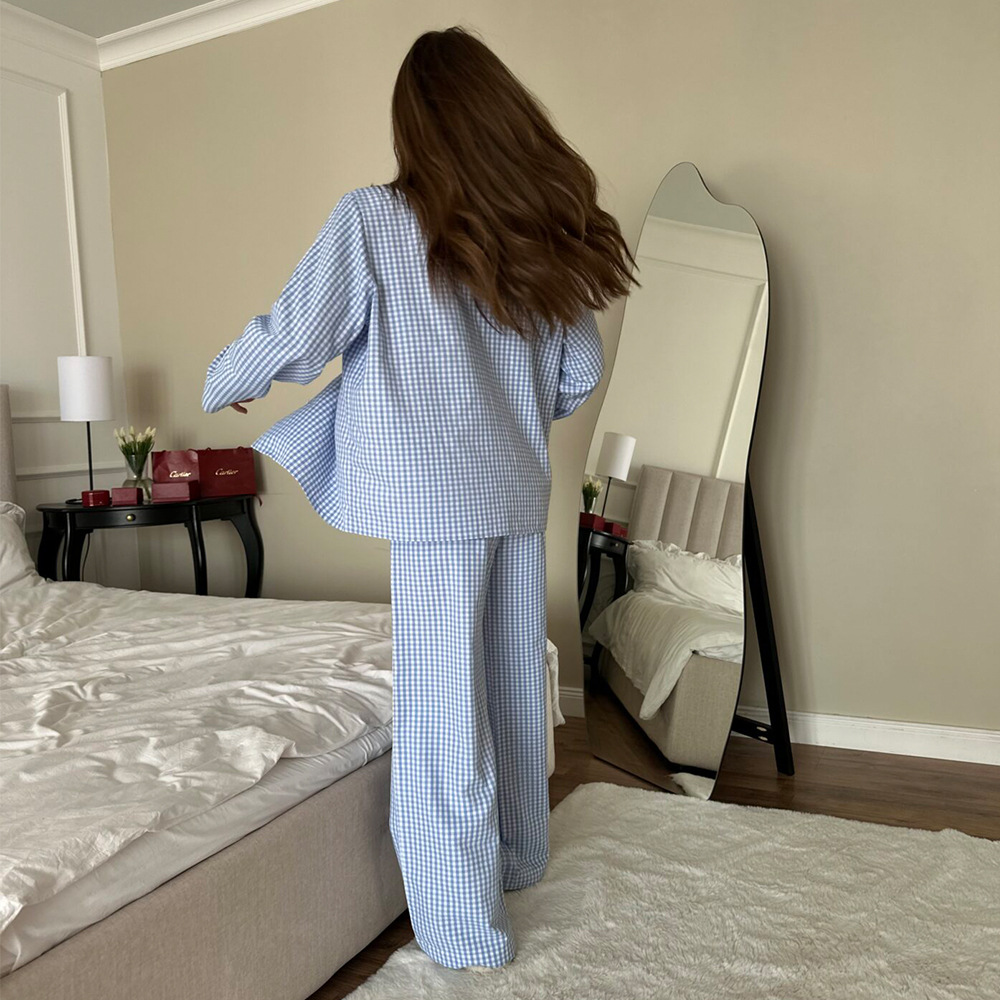 Grid Long Sleeve Long Pants Pajama Set Homewear For Women - Image 3