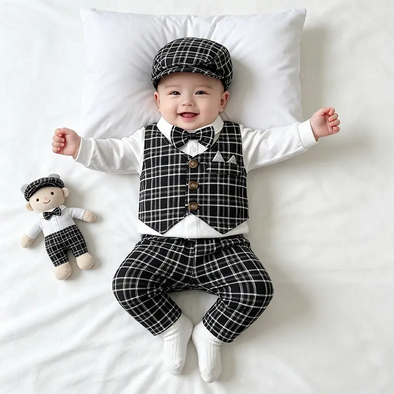 Childrens Fashion Plaid Vest And Trousers Three-Piece