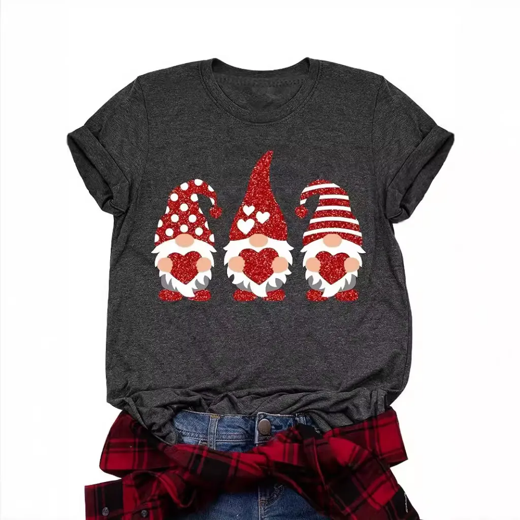 Women's Christmas Printed Round Neck T-shirt - Gray