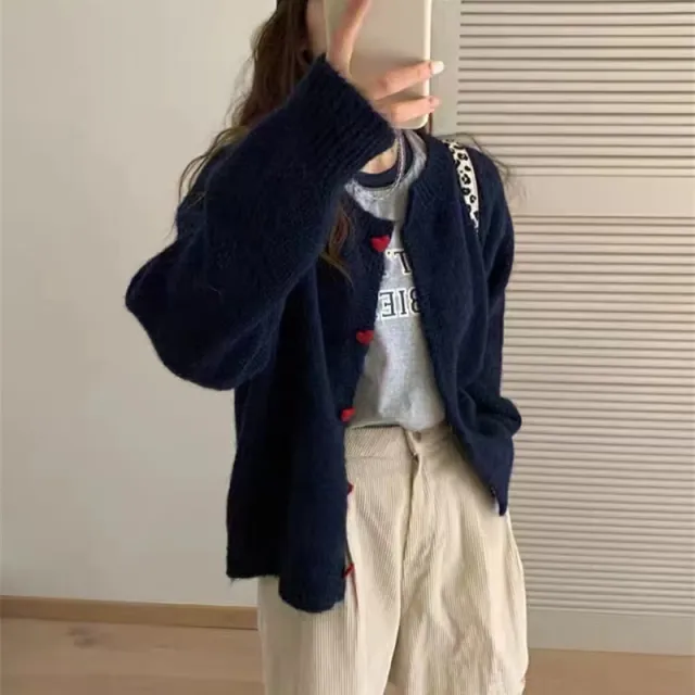 Round Neck All matching Design Love Girl Buckle Knitted Cardigan Sweater Coat For Women Dark Blue - Shop at LoveMi