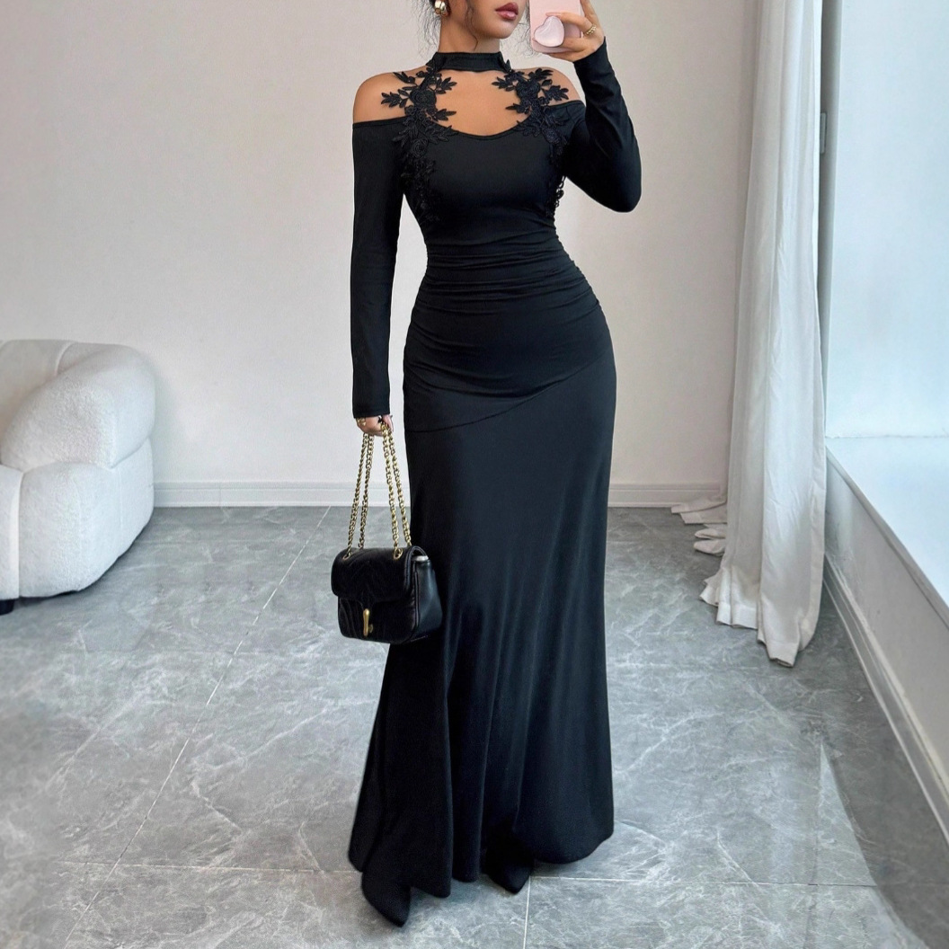 Long-sleeved Form-fitting Ball Gown Party Dress With A Sexy Long Skirt