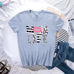 Mother's Day MOM LIFE Leopard Print Lip Printings Round Neck Short Sleeve T-shirt - Leopard - View 1