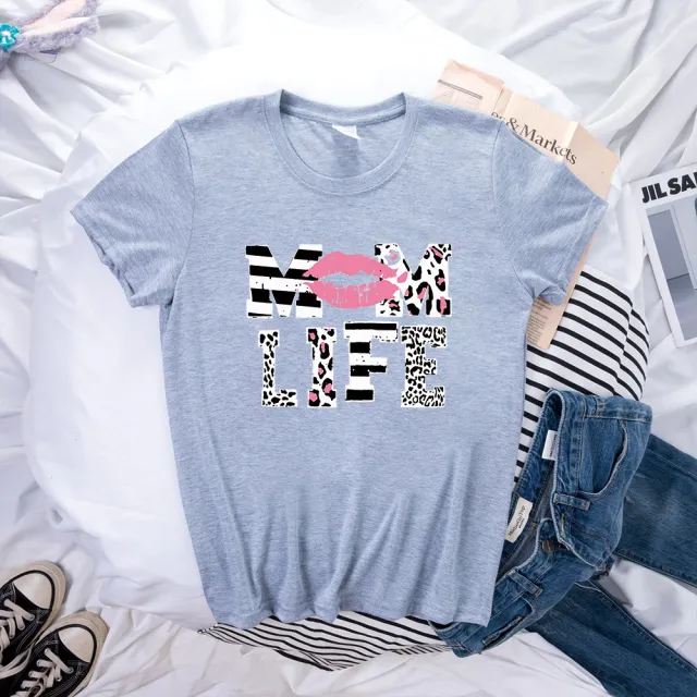 Mother's Day MOM LIFE Leopard Print Lip Printings Round Neck Short Sleeve T shirt Leopard - Shop at LoveMi