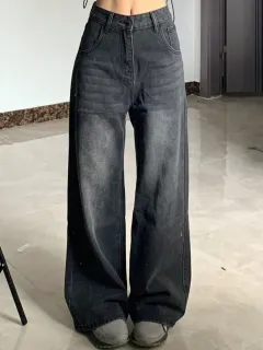 Washed Jeans Plus Size High Waist Loose Straight Wide Leg Pants - Black - View 1