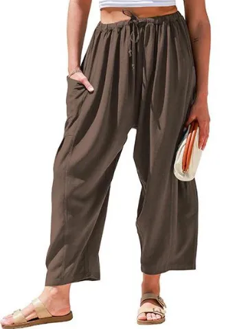 Elastic Pleated High Waist Cotton Linen Wide Leg Pants Coffee - Shop at LoveMi