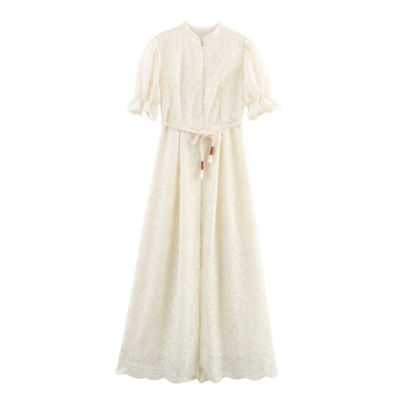 European And American Style Gentle Elegant Style Puff Sleeve Waist Trimming Short-sleeved Long Dress