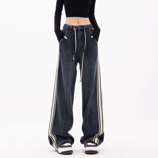 Women's Straight Striped Loose Wide leg Jeans Blue - Shop at LoveMi