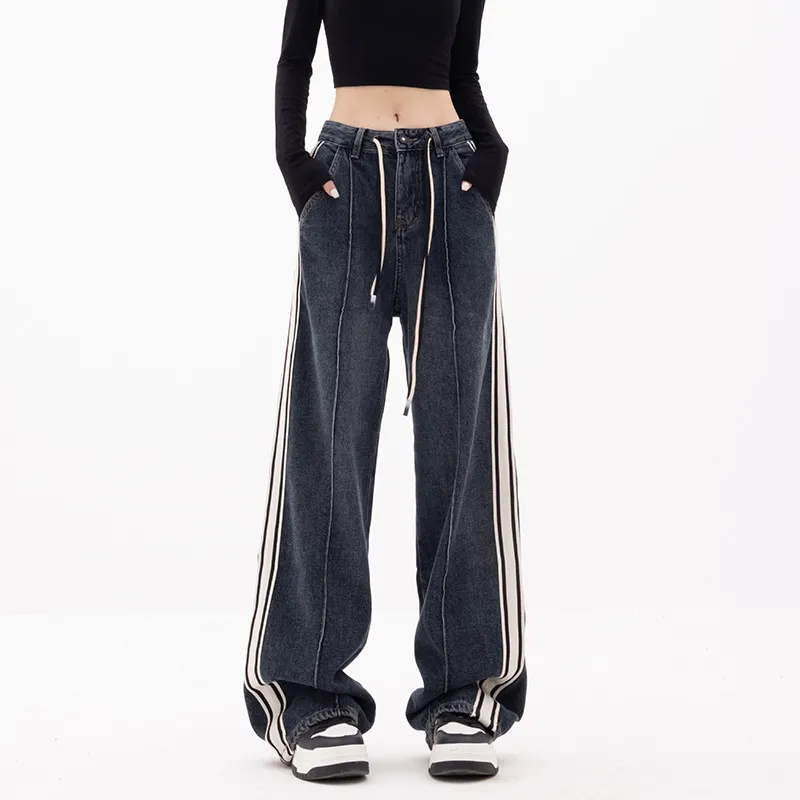 Women's Straight Striped Loose Wide-leg Jeans - Blue