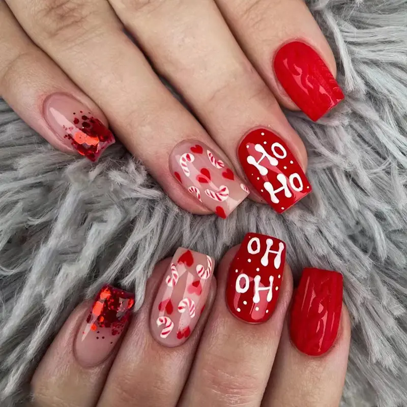 Red Christmas Nail Art Love Glitter Fake