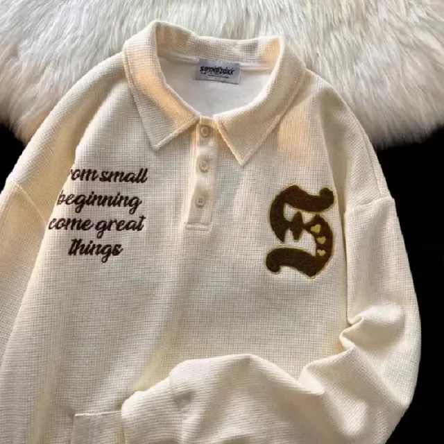 American Polo Shirt Embroidered Waffle Sweater Women's Autumn Thin Apricot - Shop at LoveMi