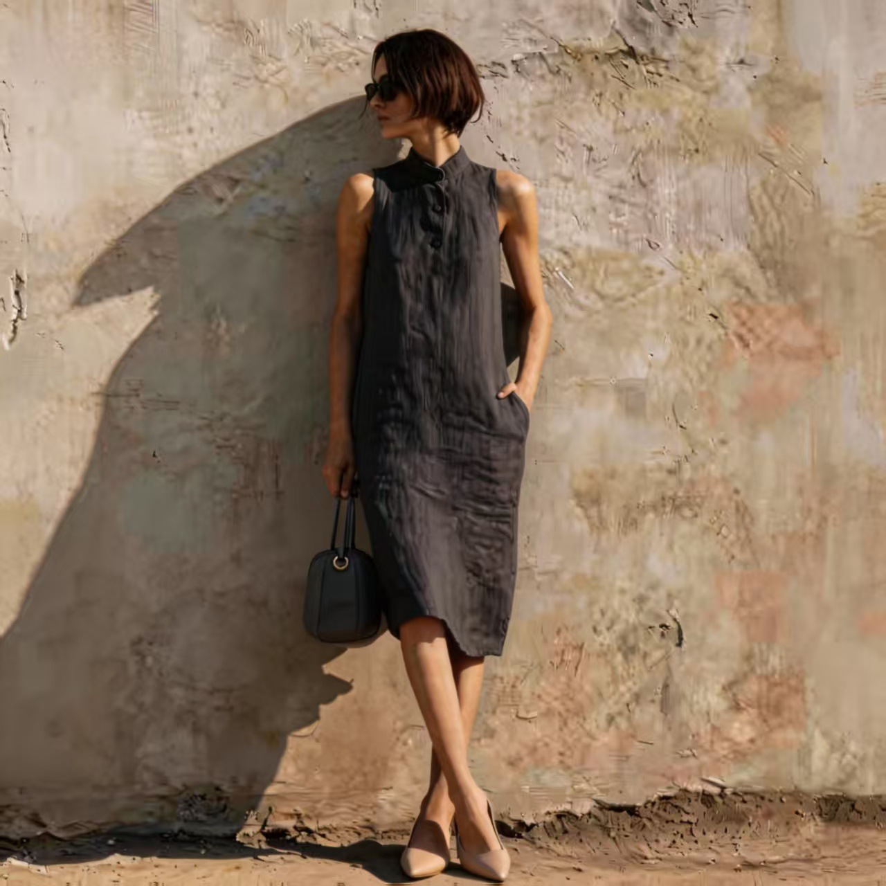 Women's Sleeveless A-Line Dress in Black – solid color cotton linen midi dress