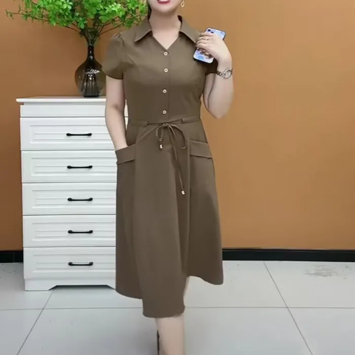 Mom Wear Plus Size Fashionable Stylish Short Sleeve Dress - Brown