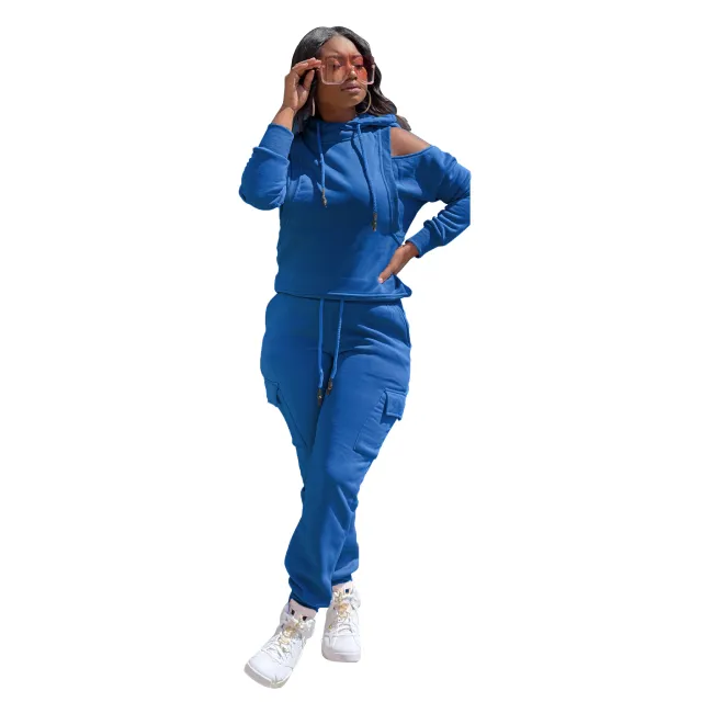 European And American Sports Suit Sweatshirt Off the shoulder Running Suit Hooded Long Sleeve Autumn And Winter Blue - Shop at LoveMi