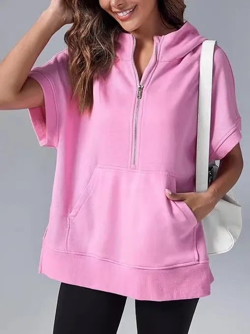 Women's Three-point Short-sleeved Hooded Sweater - Pink