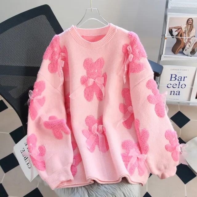 Women's Lazy Bow Pullover Sweater Pink - Shop at LoveMi