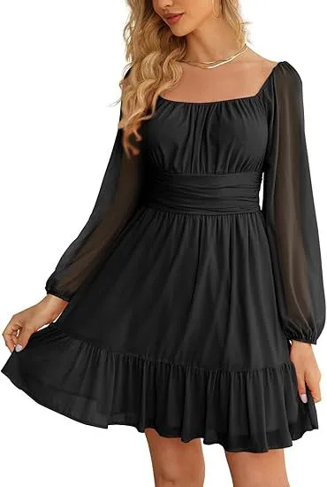 European And American Womens Mesh Long Sleeve Square Neck Dress Black - Shop at LoveMi