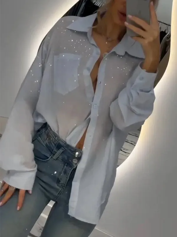 European And American Sequined Thin Shirt Cardigan Light Blue - Shop at LoveMi