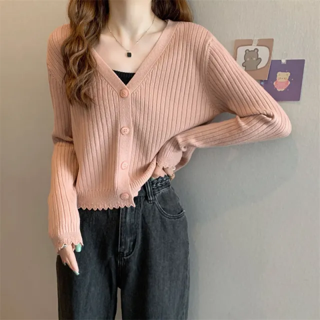 Fall V neck Sunken Stripe Knitted Cardigan For Women Pink - Shop at LoveMi