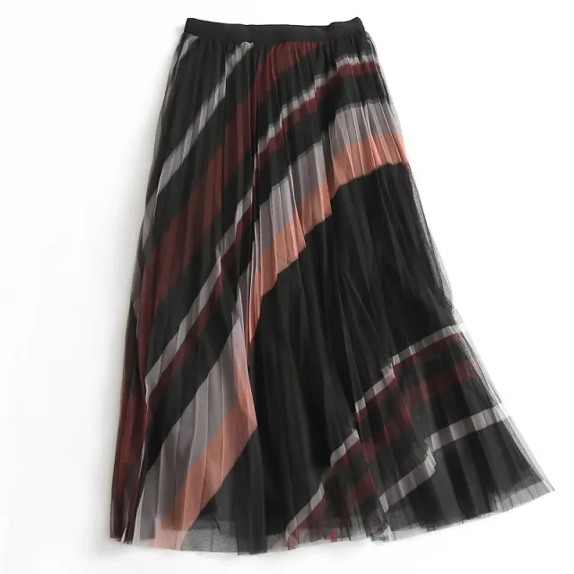 Women's Striped Elastic Waist Slim Fit Mesh Pleated Skirt Black - Shop at LoveMi
