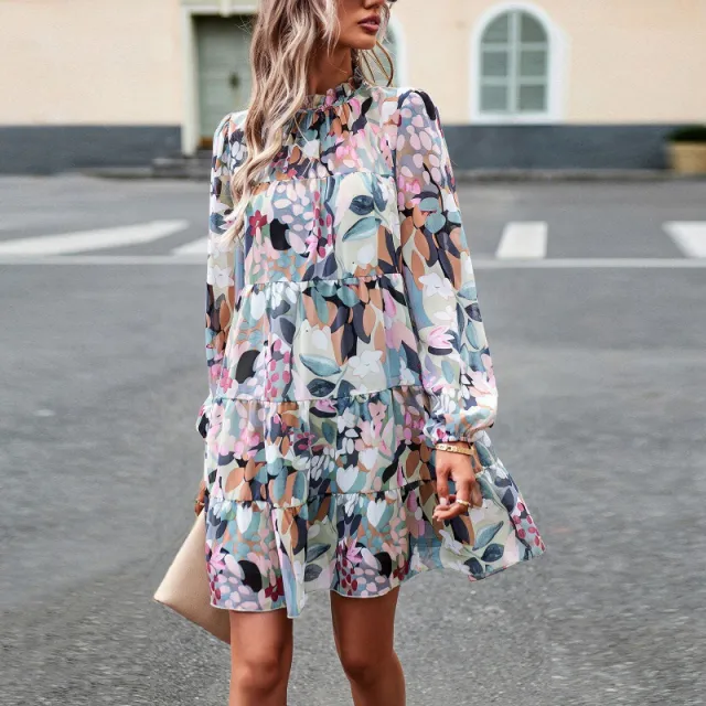 Puff Sleeve Elegant Long Sleeve Printed Dress Green - Shop at LoveMi