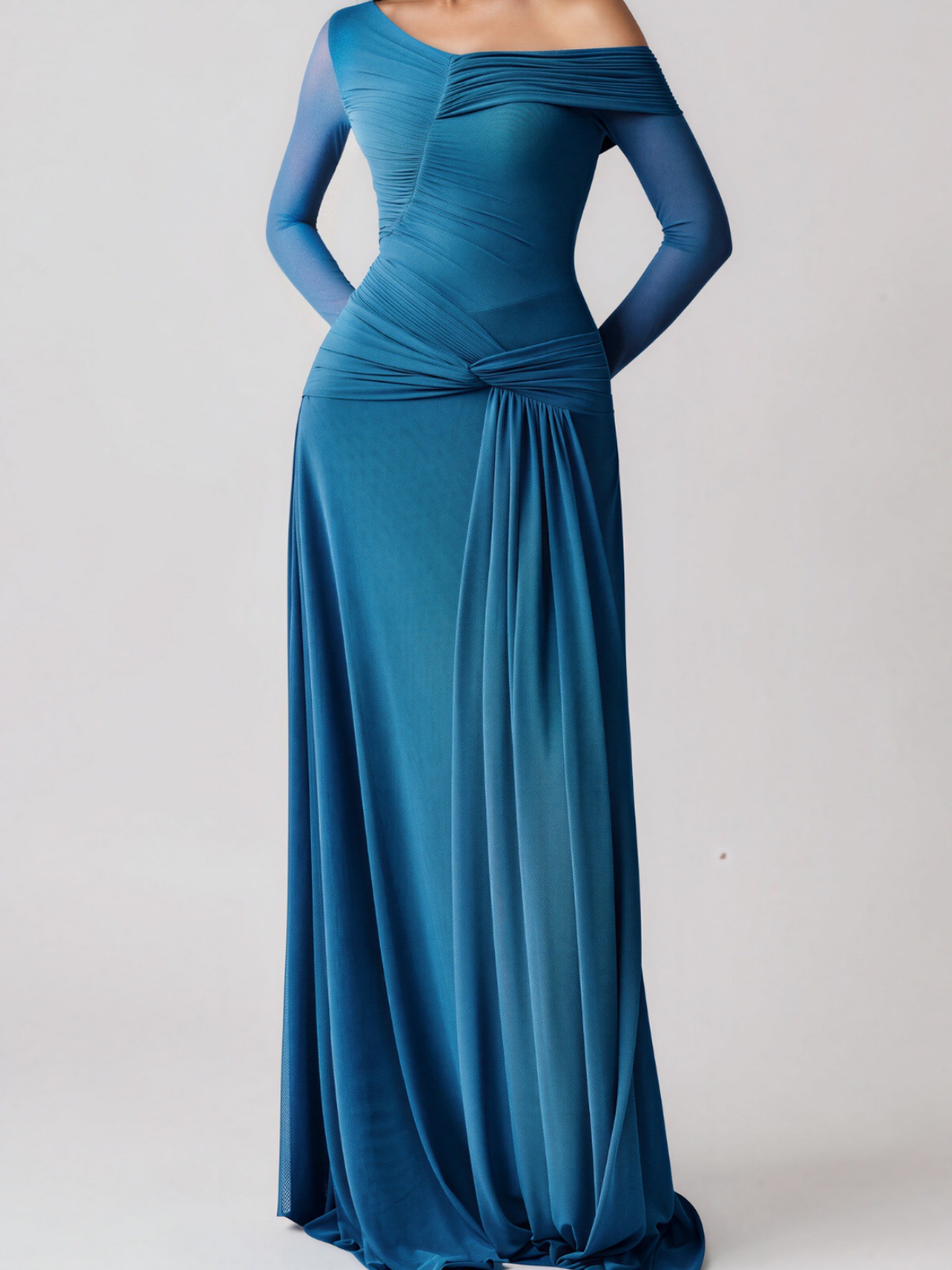 Asymmetrical One-Shoulder Sheer Mesh Mermaid Dress With Side-Twist Ruching And A Waist Cinch For Women 6