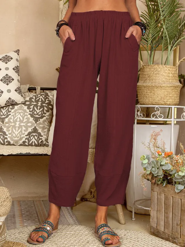 Women's Solid Color Loose Cotton And Linen Casual Pants Home Wine - Shop at LoveMi